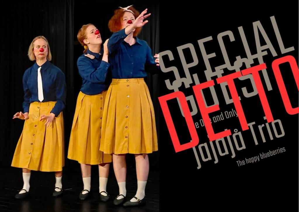 drei Schauspielerinnen machen Grimassen, tragen gelbe Röcke und blaue Hemden